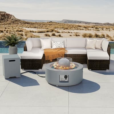 COSIEST Outdoor Patio Wicker Furniture Set with Concrete Fire & Water Fountain Set