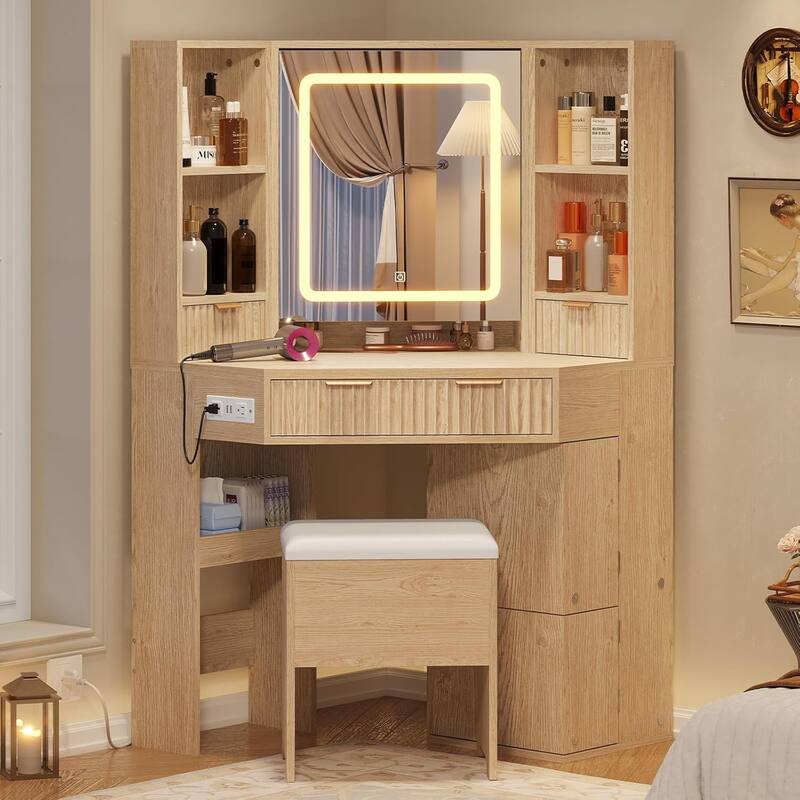 Corner Vanity Desk with Lighted Mirror Drawers Shelves Storage Stool