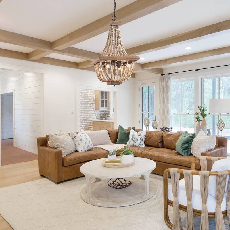 Farmhouse Aged Wooden Beaded 4-Light Chandelier