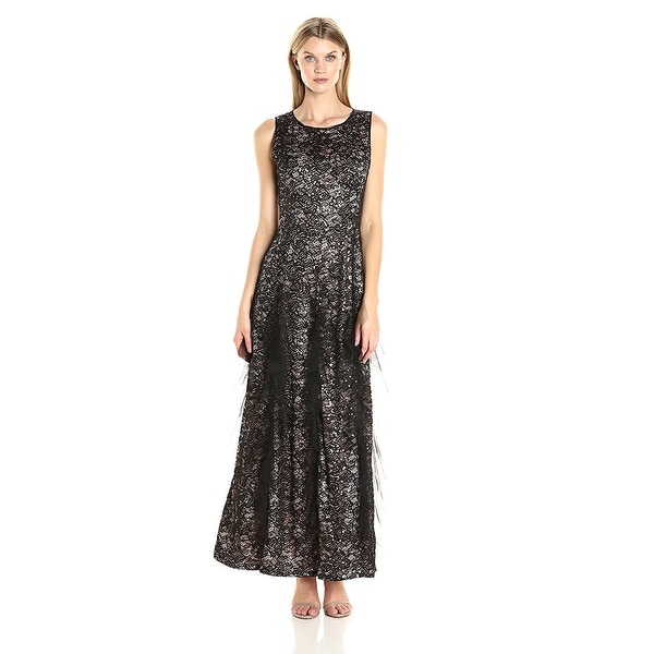 Shop Alex Evenings Sequined Lace Ruffle Evening Gown Dress Black/Nude ...