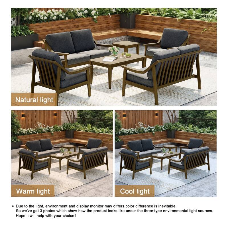 6-piece Wood Patio Chat Set Teak Conversation Set with Cushion