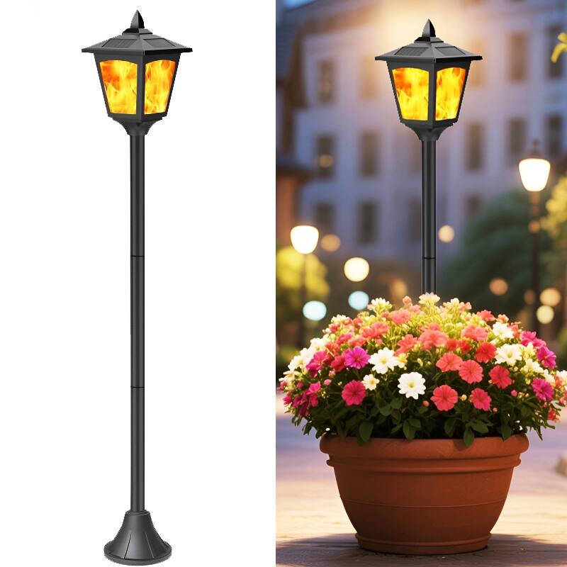 40" Solar Flickering Flame Post Lights Waterproof LED Outdoor Lanterns for Patio, Garden, Pathway - Black - 1 Pack
