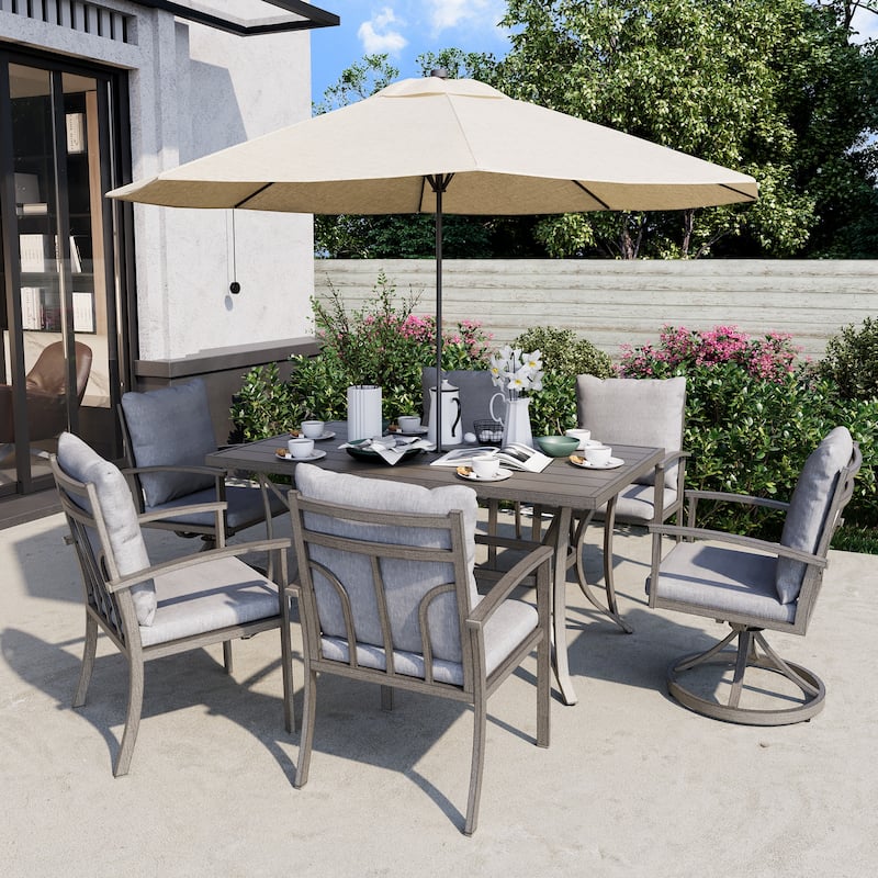 7-Piece Aluminum Patio Dining Set with 2 Swivel Dining Chairs and 4 Dining Chairs and Washable Cushions