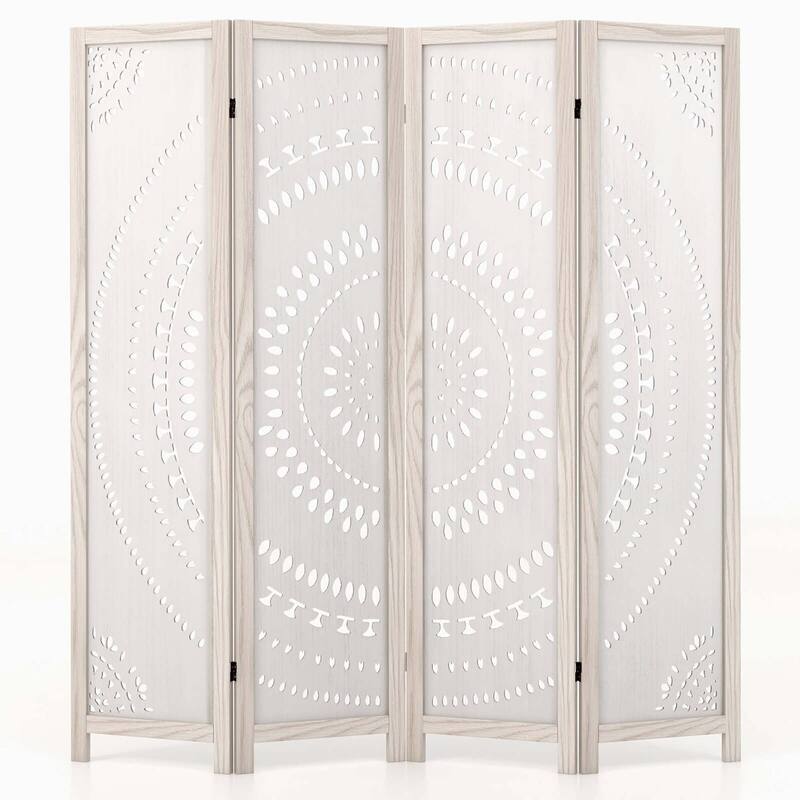 Costway 66" Boho 4-Panel Room Divider with Carved Pattern & Solid Wood - See Details - White - See Details