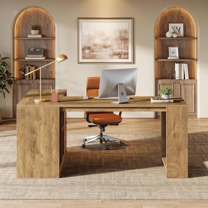 63" L-Shaped Executive Desk, Large Office Desk with File Cabinets and Shelves, Farmhouse Wooden Business Furniture