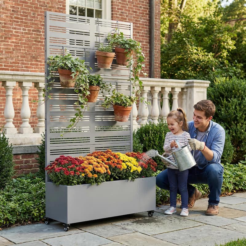 Outdoor Metal Galvanized Privacy Screen Planter Box with Trellis Lockable Wheels