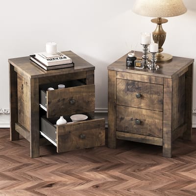 Farmhouse Wooden Nightstand Set of 2 with Retro Design, Wood Bedside Table with Storage Cabinet for Bedroom