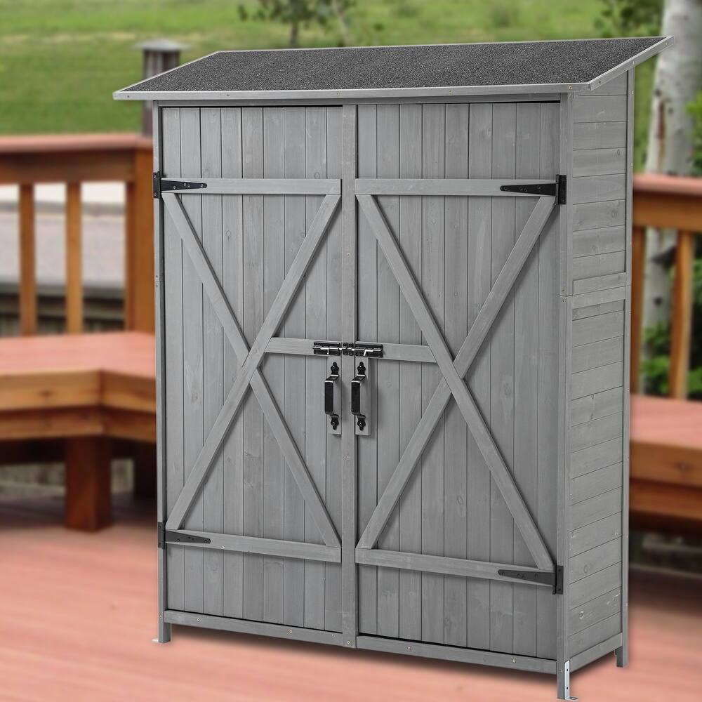56"L x 19.5"W x 64"H Outdoor Storage Shed with Lockable Door Wooden Tool Storage Shed with Detachable Shelves and Pitch Roof