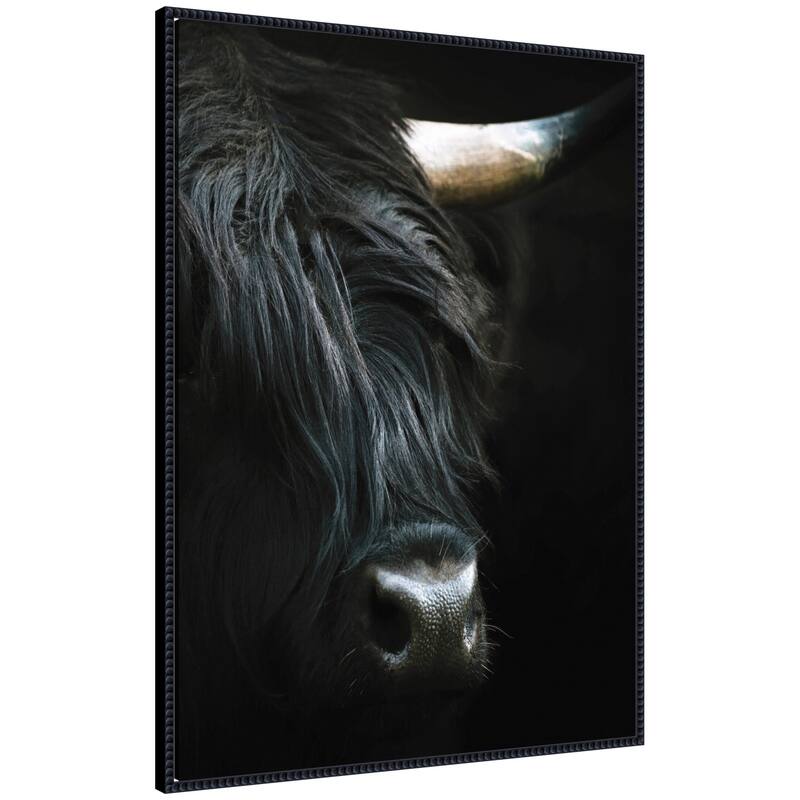 Kate and Laurel Minimalist Black Highland Cow VERTICAL CROP by Michael Schauer Framed Canvas Wall Art Print - 28 x 38