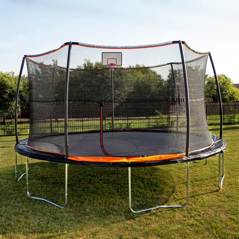 15 ft Round Trampoline with Basketball Hoop - Heavy-Duty 7-Leg Frame, High Bounce Springs & Enclosure - 32