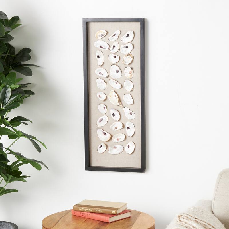 Cream Shell Handmade Abstract Shell Wall Decor with Beige Linen Backing and Black Frame - Cream - 12"W, 30"H
