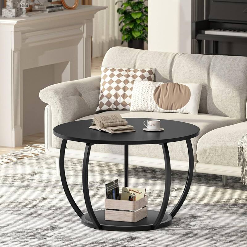 Round Farmhouse Coffee Table w/Storage & Adj. Feet for Small Spaces