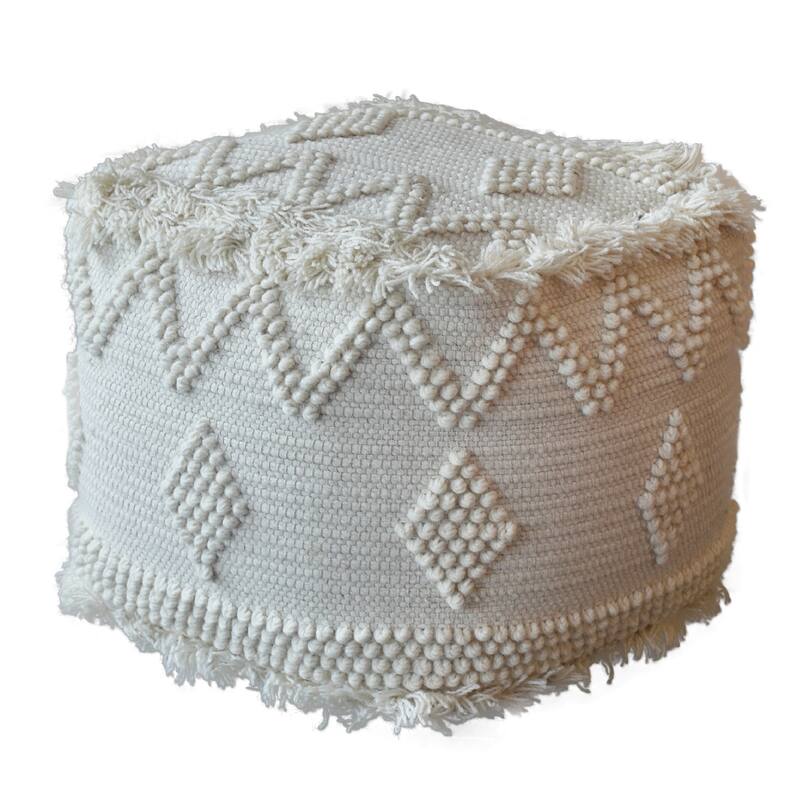 Bohemian Raised Pearl Pattern with Fringed Edges Ottoman - 18" - Cream