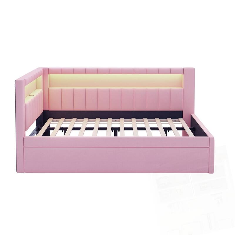 Upholstered Platform Bed with USB Ports and LED Belt With Trundle