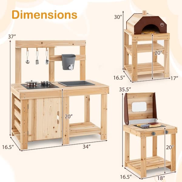 3-Piece Outdoor Kitchen Set Mud Kitchen with Separate BBQ Grill and Pizza Oven-Natural - Multi