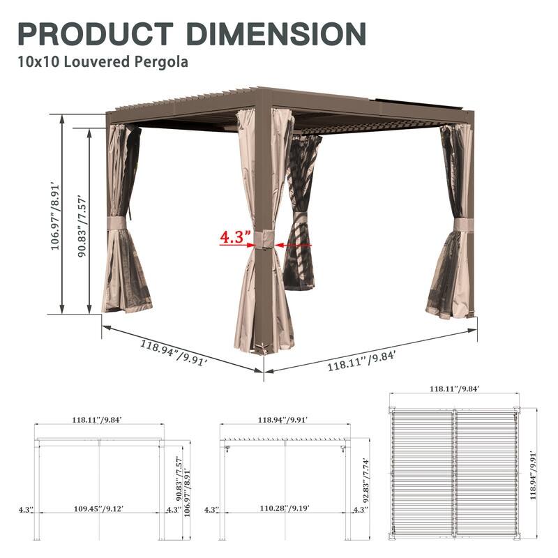 Domi Louvered Pergola 10' x 10', Aluminum Outdoor Pergola with Adjustable Louvers, Full Aluminum Frame, Built-in Gutter System - 10'×10' - Brown