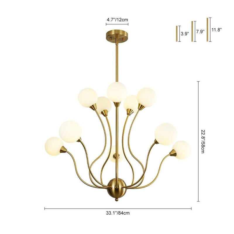 Luxe Art Deco Scrolling Arm Opal Glass 10-Light Bubble Chandelier 33in