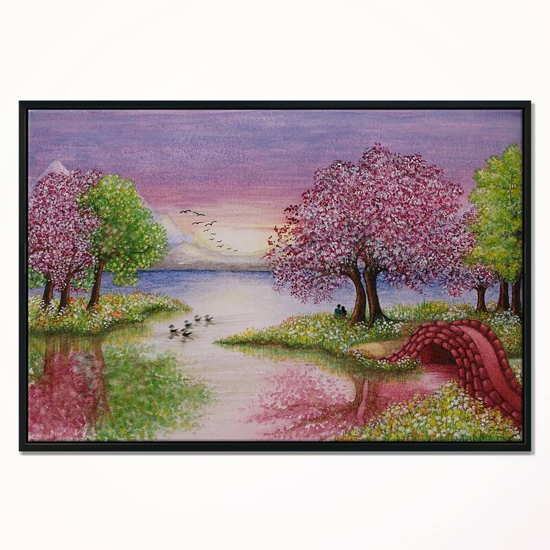 Designart "Romantic Lake in Pink and Green" Landscape Framed Canvas Art