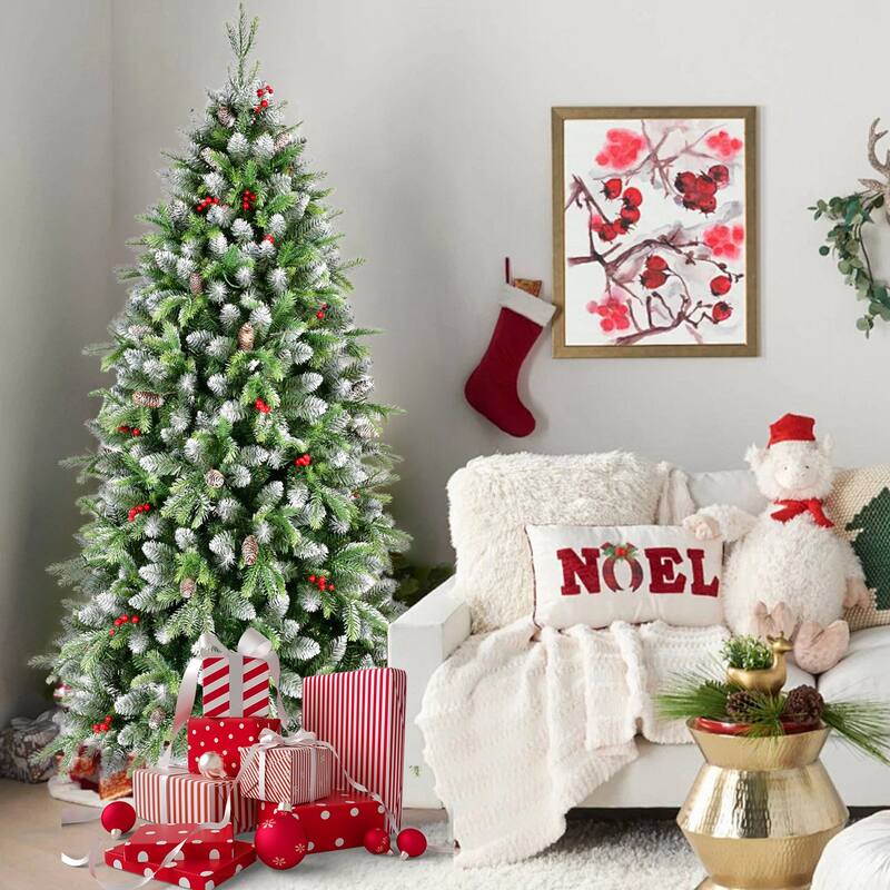 Pre-Lit Artificial Christmas Tree - Warm White LED Lights, Frosted Greenery, Red Berries, Pinecones, Metal Stand - Green