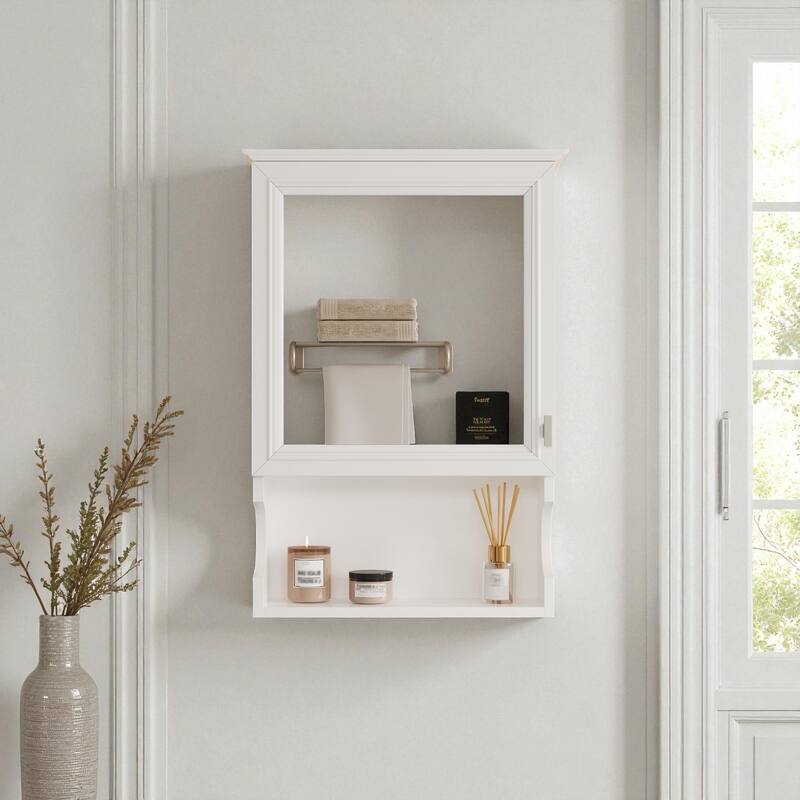 20'' Wall Mounted Bathroom Medicine Cabinet with Mirror, Solid Wood Frame Mirrored Storage Cabinet with Adjustable Shelf - White