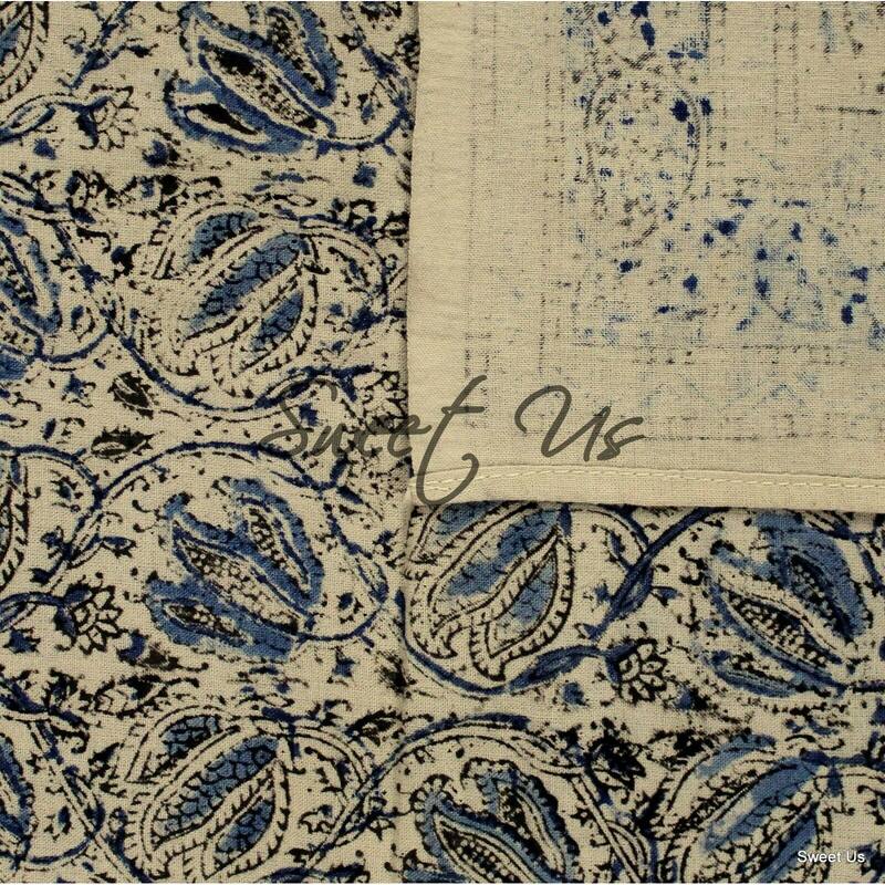 Cotton Vegetable Dye Block Print Rustic Vintage Floral Tablecloth
