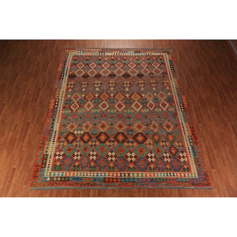 Geometric Kilim Oriental Area Rug Hand-Woven Wool Carpet - 10'1"x 12'11"