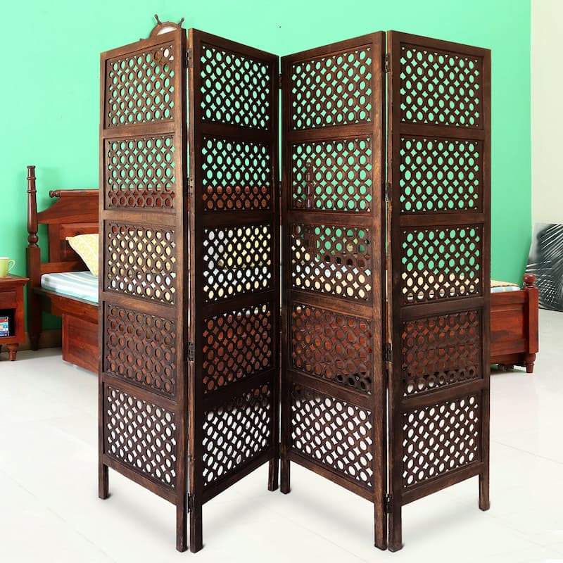 Decorative Four Panel Mango Wood Hinged Room Divider with Circular Cutout Design, Brown