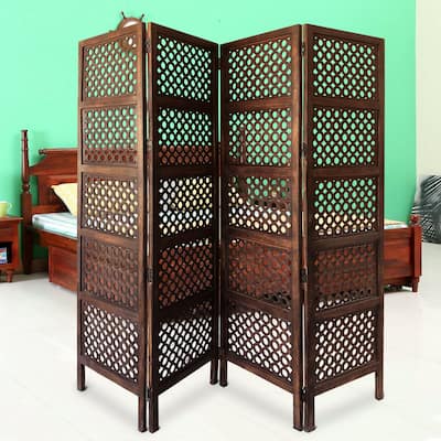 Decorative Four Panel Mango Wood Hinged Room Divider with Circular Cutout Design, Brown