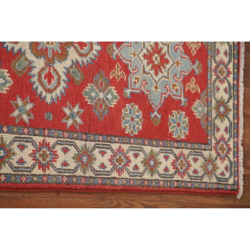 Geometric Kazak Runner Rug Hand-Knotted Traditional Red Wool Carpet - 2'1" x 5'10"