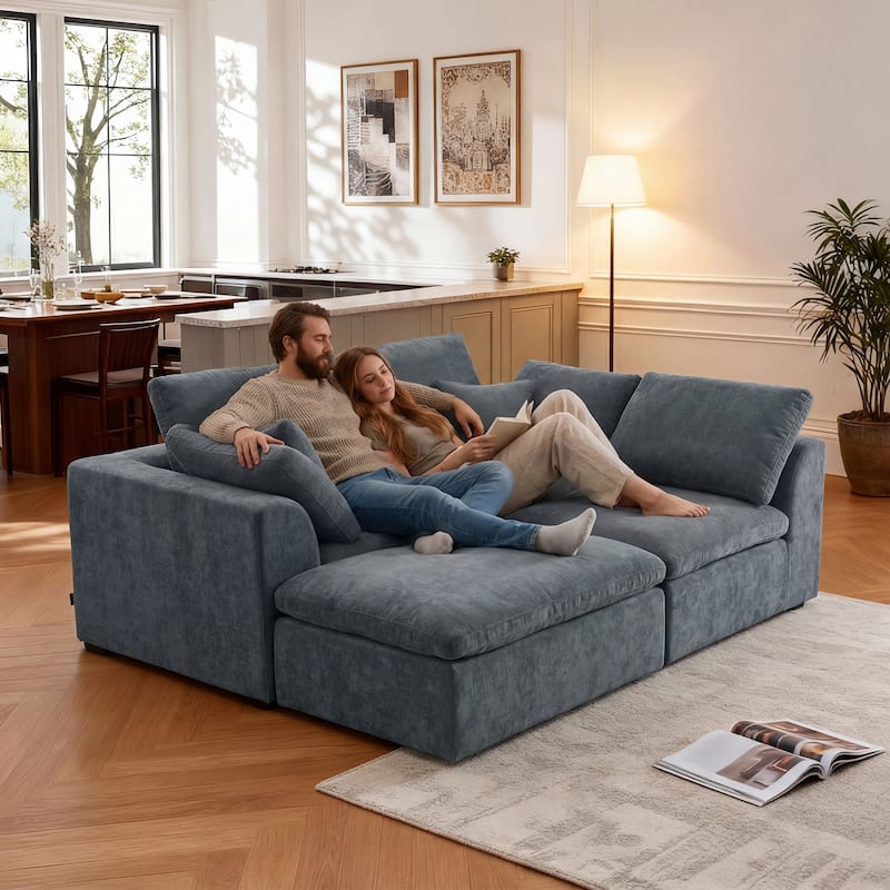 L-Shaped Chenille Sectional Sofa with Chaise Lounge, Living Room Modular Leisure Couch Chenille Sleeper Sofa