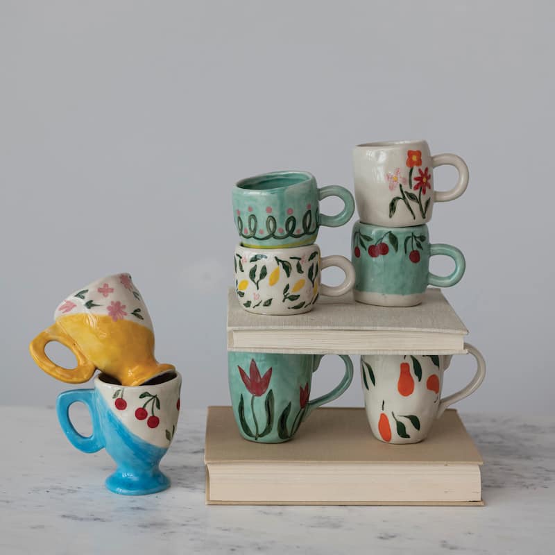 Stoneware Mugs with Painted Designs - 3.8"L x 2.8"W x 2.1"H