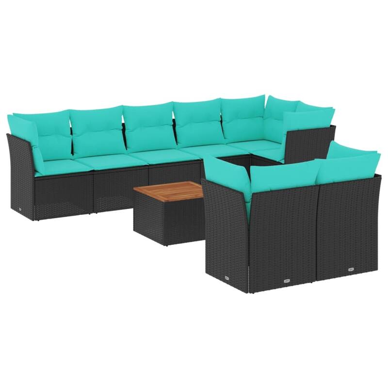 vidaXL 9 Piece Patio Sofa Set with Cushions Black Poly Rattan - 24.4 x 24.4 x 27.2