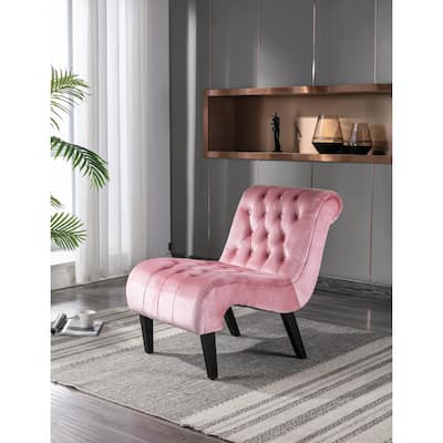 Velvet Lounge Accent Chair Tufted Backrest Armless Side Chair Upholstered Sleeper Chair with Solid Wood Legs, Pink
