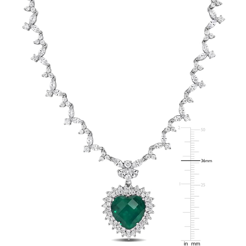 Miadora Sterling Silver 47ct TGW Green and White Cubic Zirconia Heart Halo Station Necklace - 18 inch x 24 mm x 10 mm