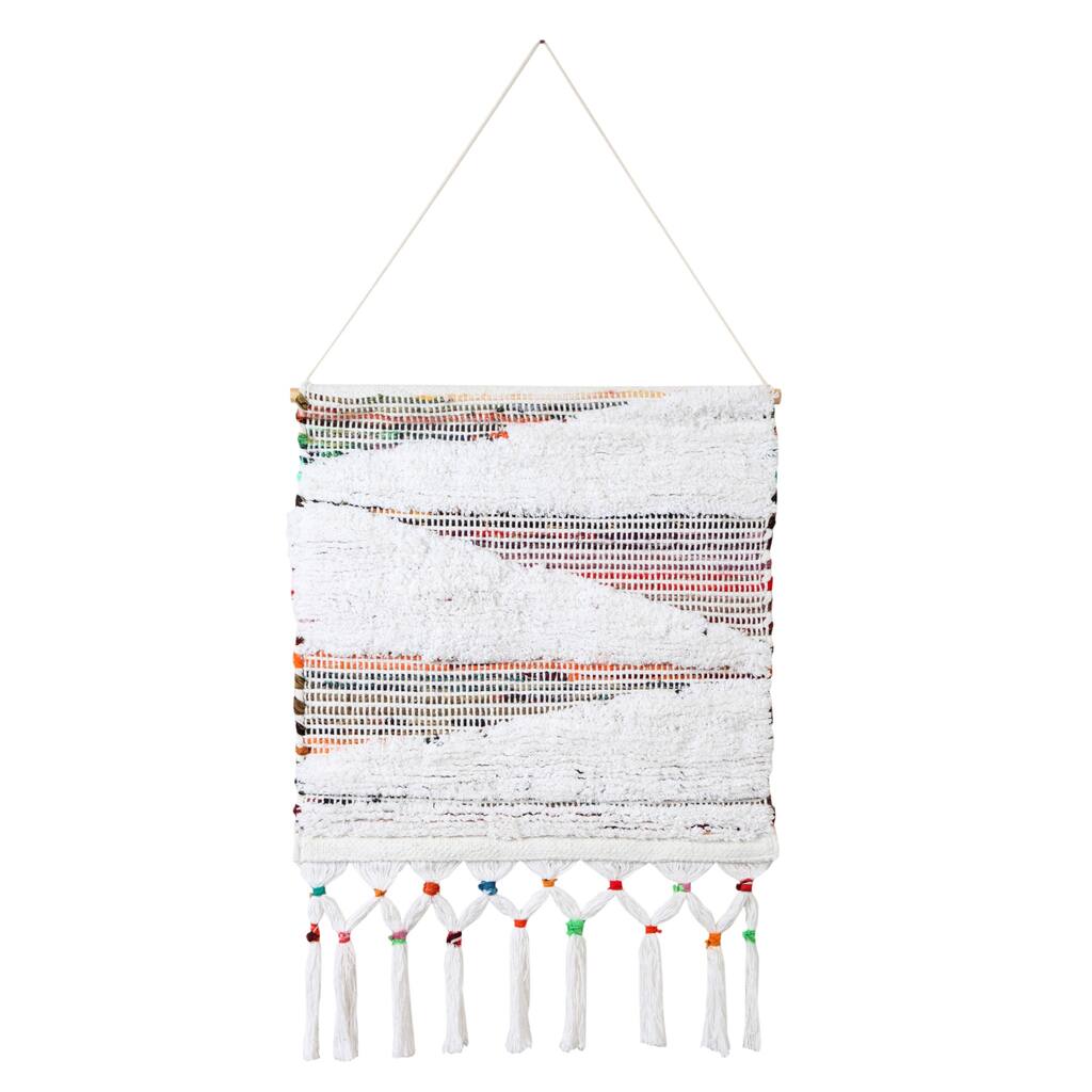 Bohemian Handcrafted Abstract Wall Hanging Vertical Cotton Fabric Art with Textured Embellishments - 6" x 6" x 21"