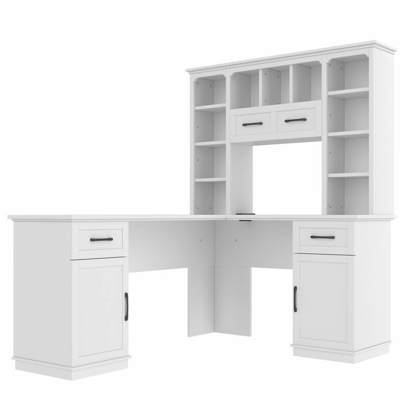 Roomfitters L-Shaped Computer Desk with Hutch, 2 Cabinets, 2 Drawers and 11 Open Shelves, with Power Outlet