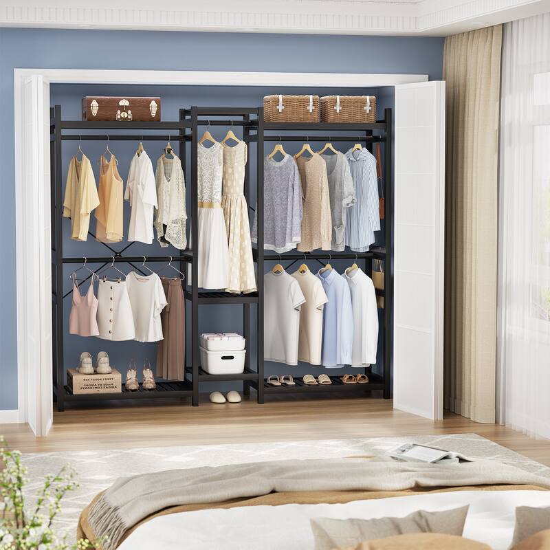 Bamboo Closet System Clothes Rack, Large Freestanding Garment Rack Clothing Rack for Hanging Clothes