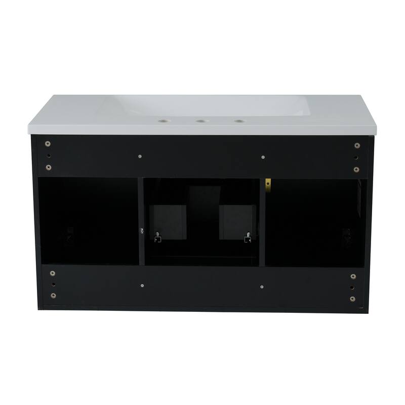 Floating Geometric Lines Cabinet Wall Mounted Bathroom Vanity with Resin Sink, 2 Drawers, 2 Storage Cabinet and Gold Handles