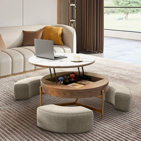 slide 2 of 10, Modern Coffee Table, Lifting-top Round Coffee Table with Storage, Sintered Stone Top, Carbon Steel Legs With Ottomans - Brown