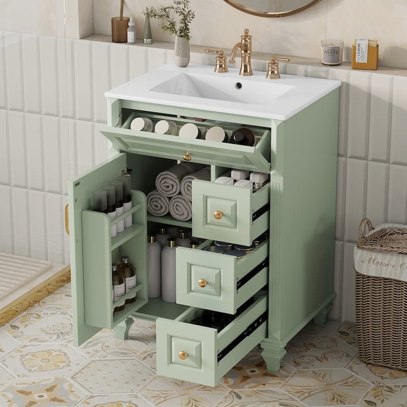 24"Bathroom Vanity with Sink, Freestanding Vanity Cabinet with Flip-Out Drawer, 3 Drawers & Storage Cabinet, Ceramic Sink Top