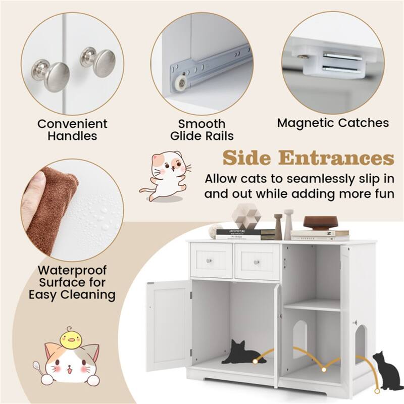 Cat Litter Box Enclosure With 2 Drawers 3 Doors White Wood