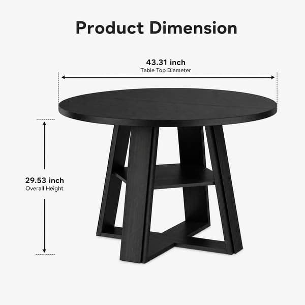 dimension image slide 2 of 6, Farmhouse 43" Round Dining Table with Sturdy Wooden Pedestal, Built-in Storage Shelf