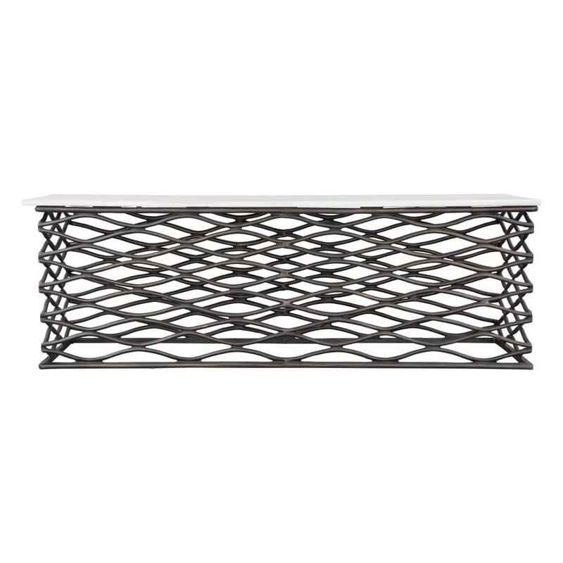 HomeRoots 50" White and Antiqued Bronze Genuine Marble and Aluminum Abstract Coffee Table - 50.00 in. x 16.30 in. x 22.00 in.