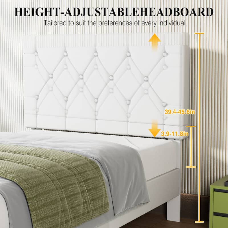 Javlergo 2-Piece Twin Bed Frame Set 39.4-45.3" Adjustable Height PU Leather Headboard with Diamond Embellishment Storage Drawer