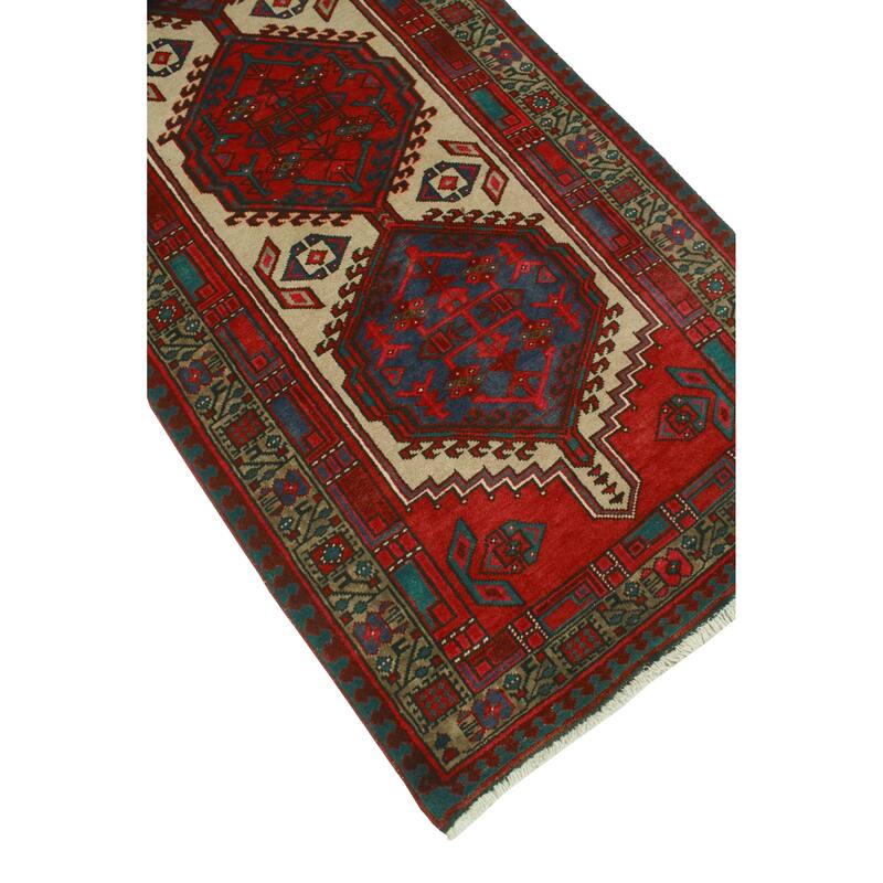 Fine Vintage Distressed Bushra Beige/Red Runner - 3'5" x 11'2"