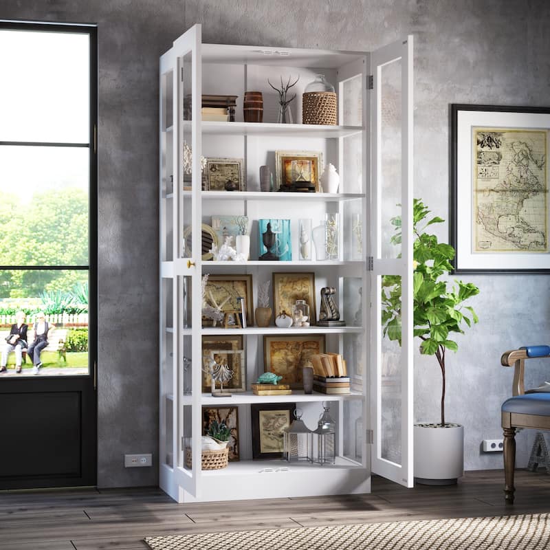 Bookcase Display Cupboard Curio Cabinet 2 Glass Door White Lacquer - 70.9"Hx31.5"W