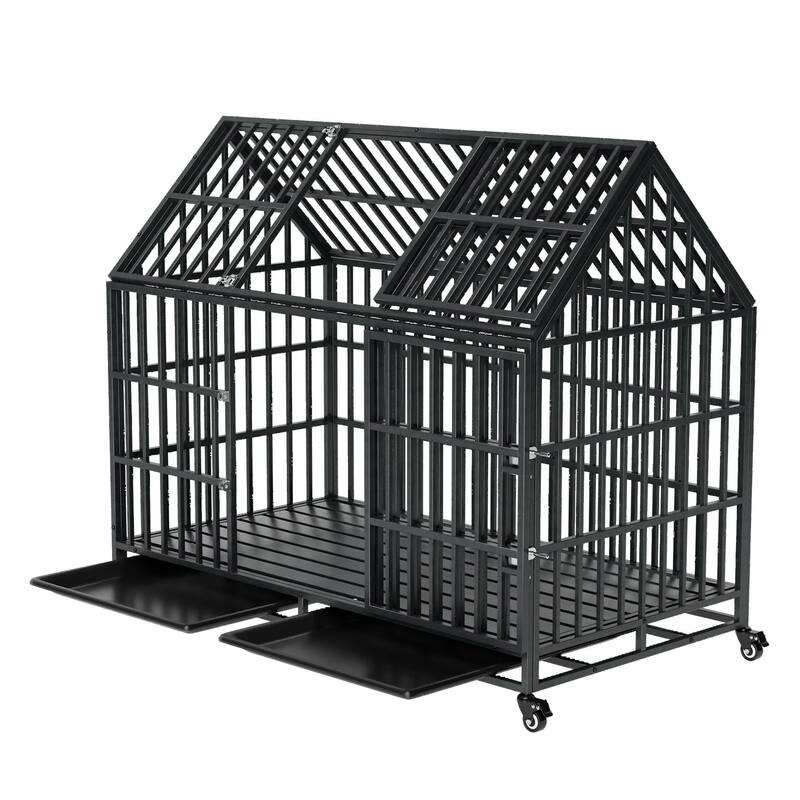 52'' Heavy Duty Dog Crate with Roof Top and Wheels Indestructible Escape-Proof Dog Kennel