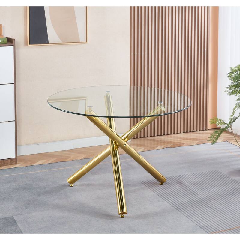 Dining Table with Metal Leg and Glass, Modern Space Saving Kitchen Table for Living Room - Golden