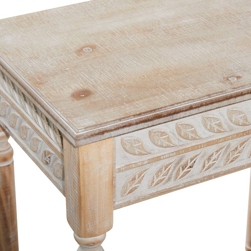 Wooden Leaf Intricately Carved Accent Table - Set of 2 Brown - Roche River Decor - 14"W x 22"L x 25"H