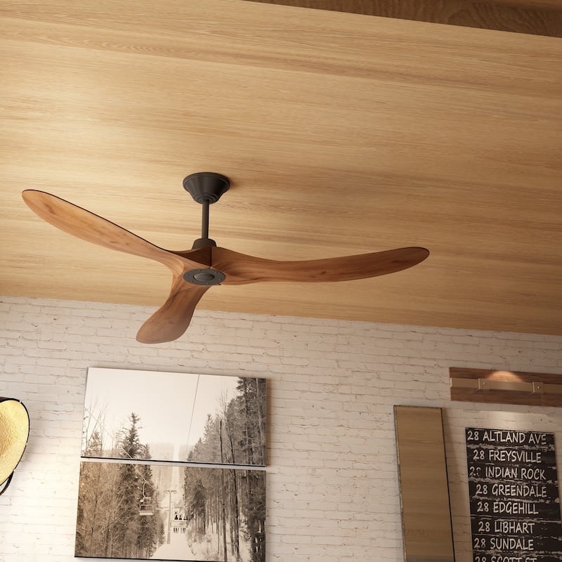 60" Walnut 3-Blades Wood Ceiling Fan with Remote Control - N/A